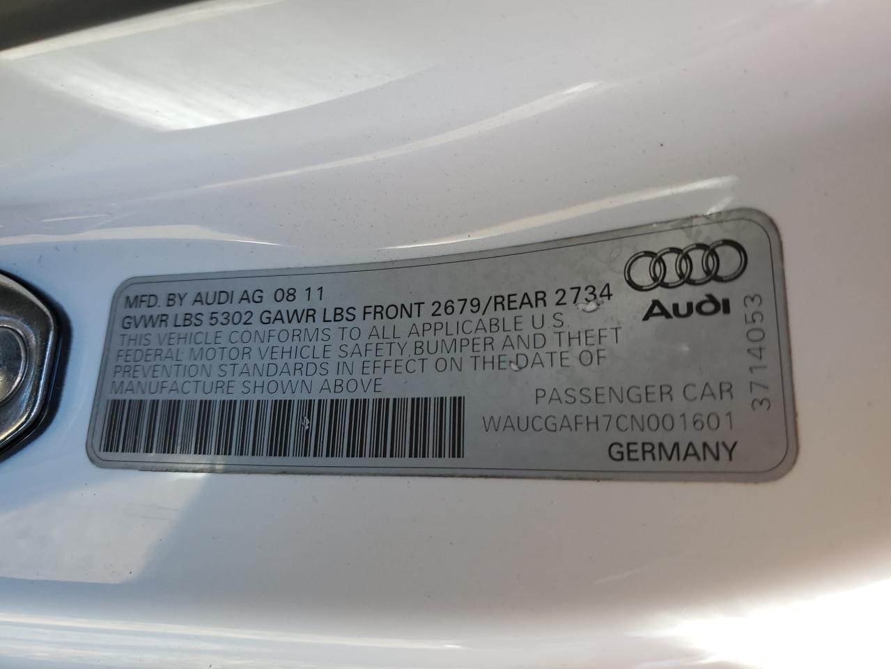 2012 Audi S5 Premium Plus VIN: WAUCGAFH7CN001601 Lot: 75477544