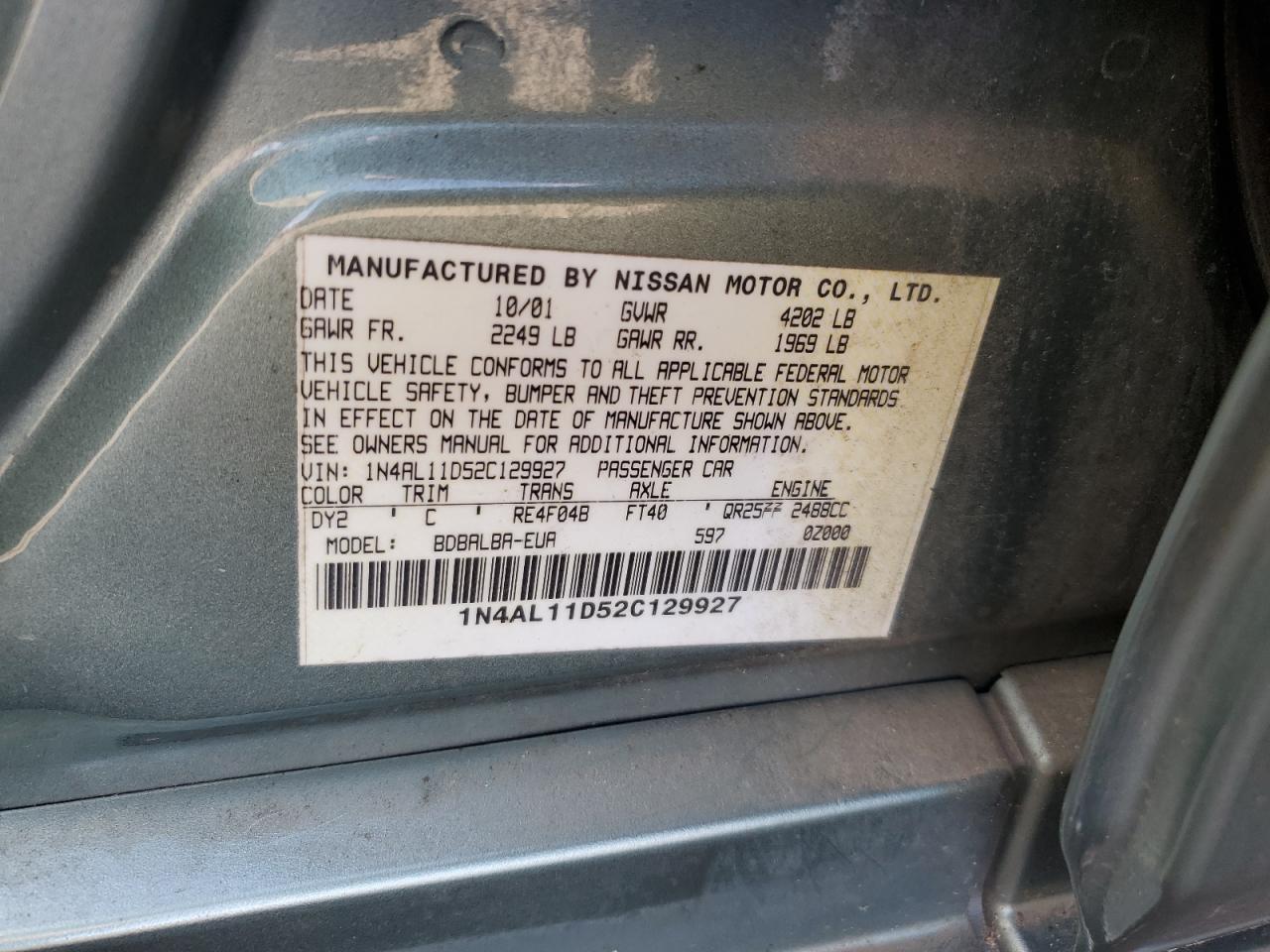 2002 Nissan Altima Base VIN: 1N4AL11D52C129927 Lot: 77950524