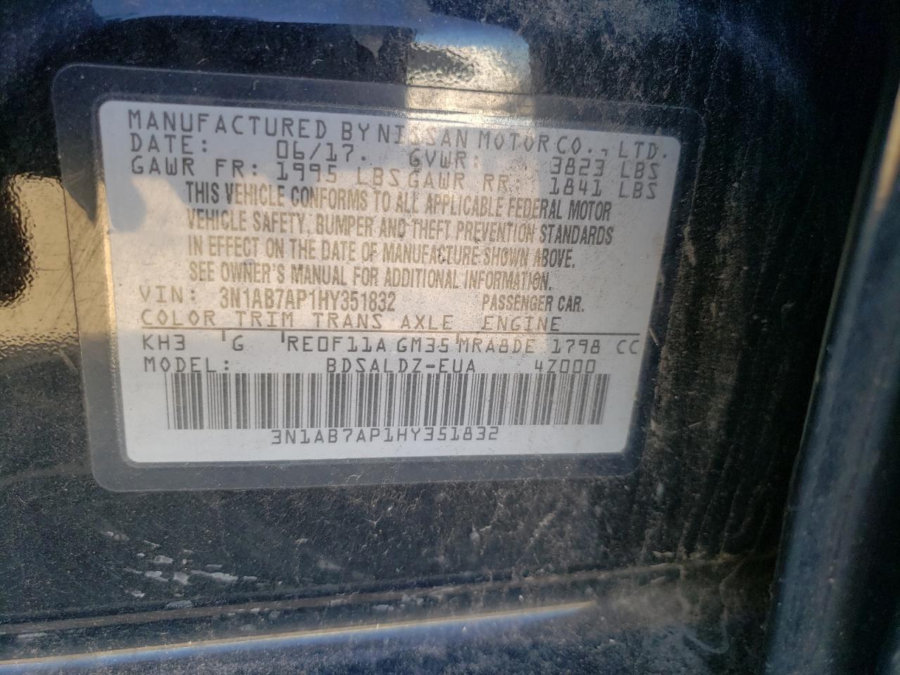 2017 Nissan Sentra S VIN: 3N1AB7AP1HY351832 Lot: 72946234