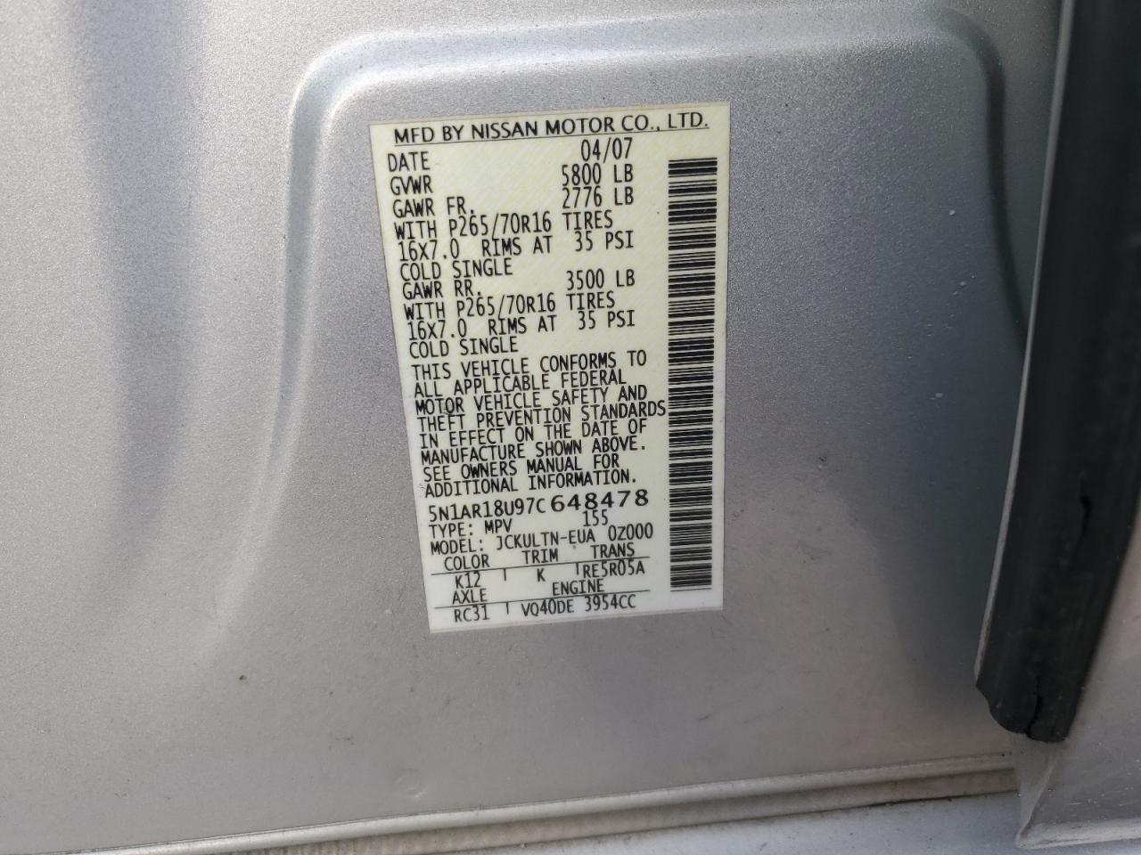 2007 Nissan Pathfinder Le VIN: 5N1AR18U97C648478 Lot: 76830514