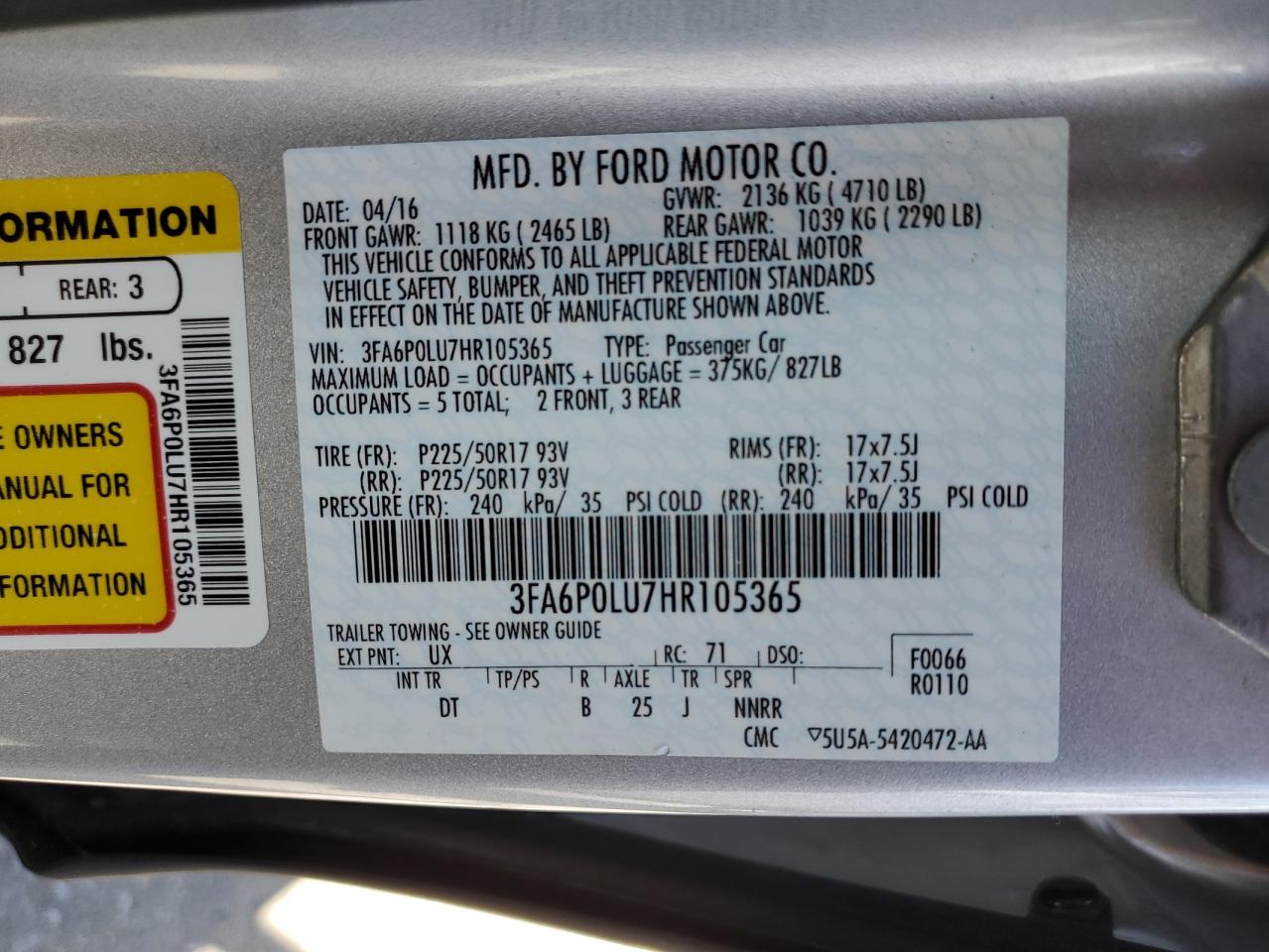 3FA6P0LU7HR105365 2017 Ford Fusion Se Hybrid