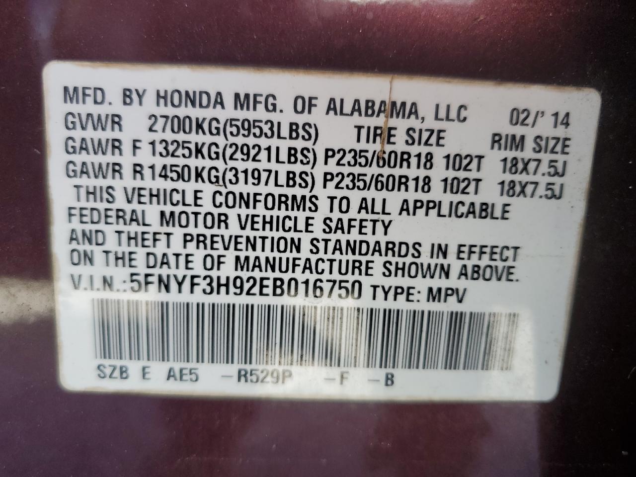 5FNYF3H92EB016750 2014 Honda Pilot Touring