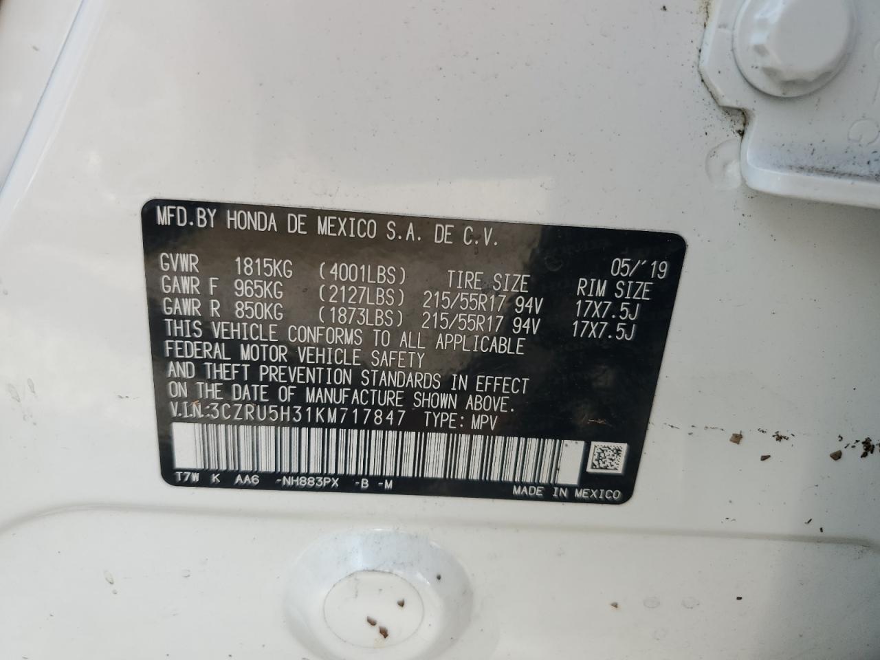 3CZRU5H31KM717847 2019 Honda Hr-V Lx