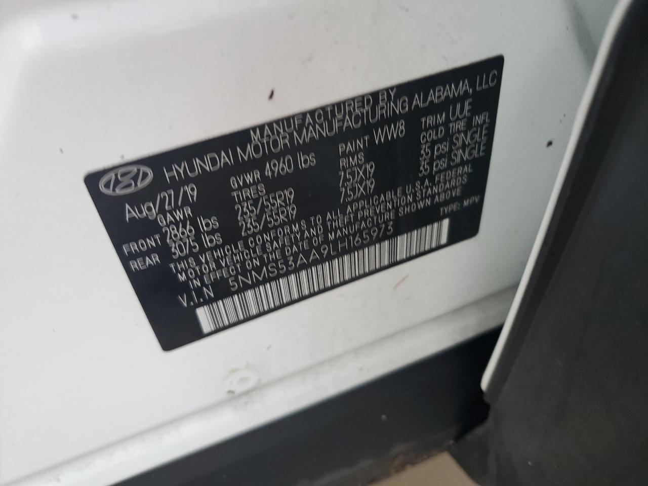 5NMS53AA9LH165973 2020 Hyundai Santa Fe Limited