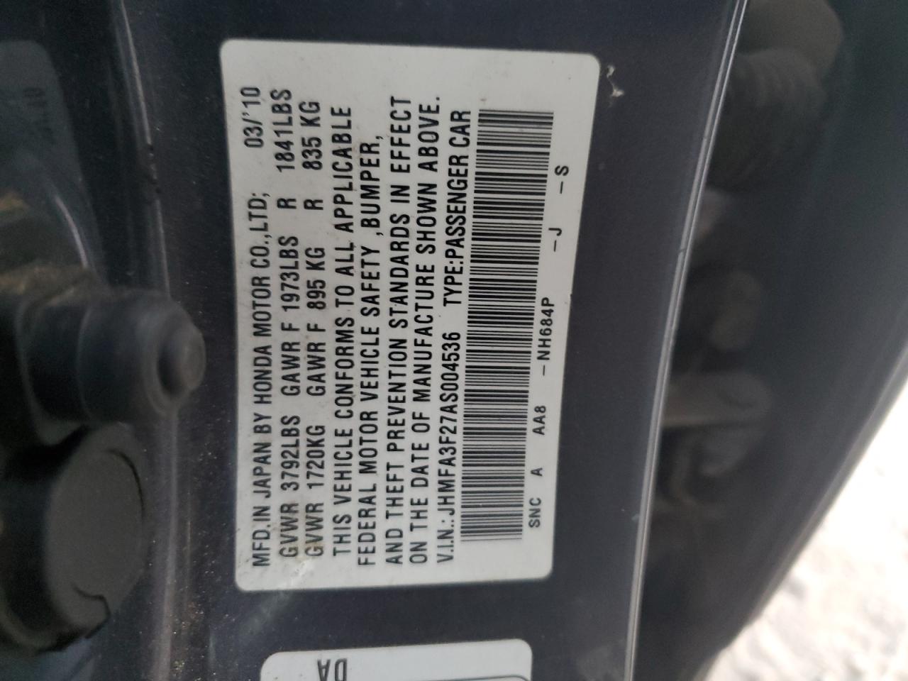 JHMFA3F27AS004536 2010 Honda Civic Hybrid