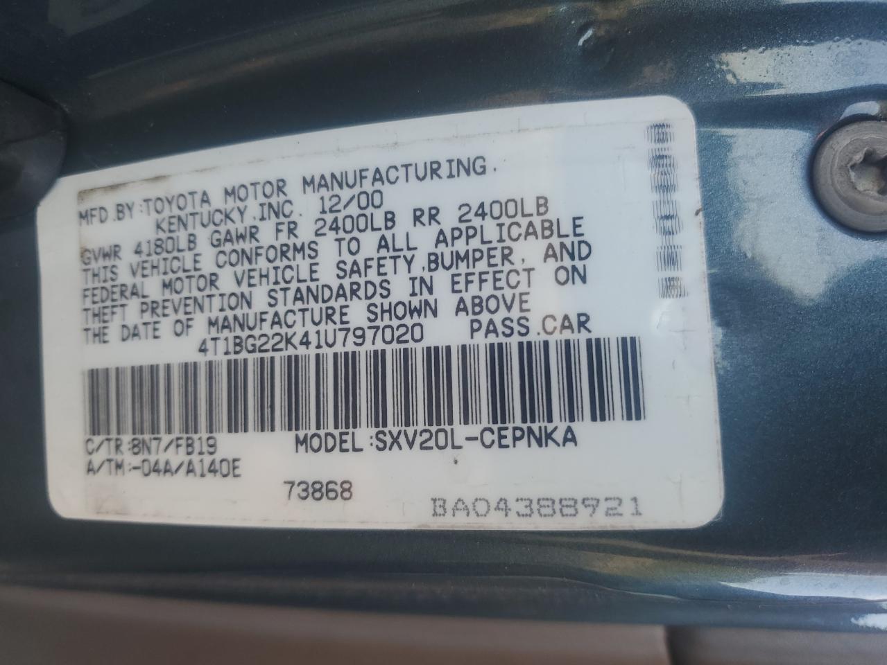 4T1BG22K41U797020 2001 Toyota Camry Ce