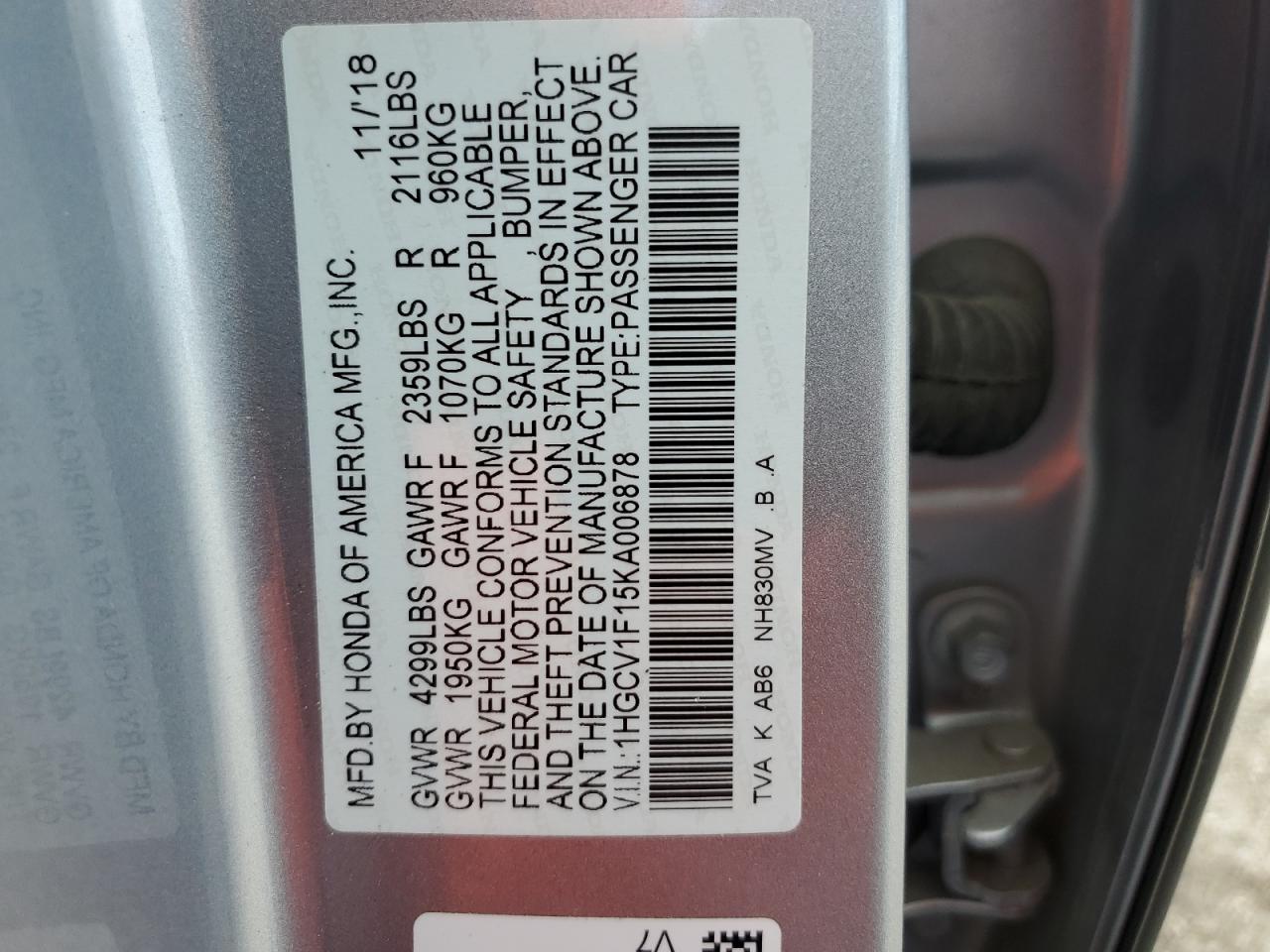 1HGCV1F15KA006878 2019 HONDA ACCORD - Image 12