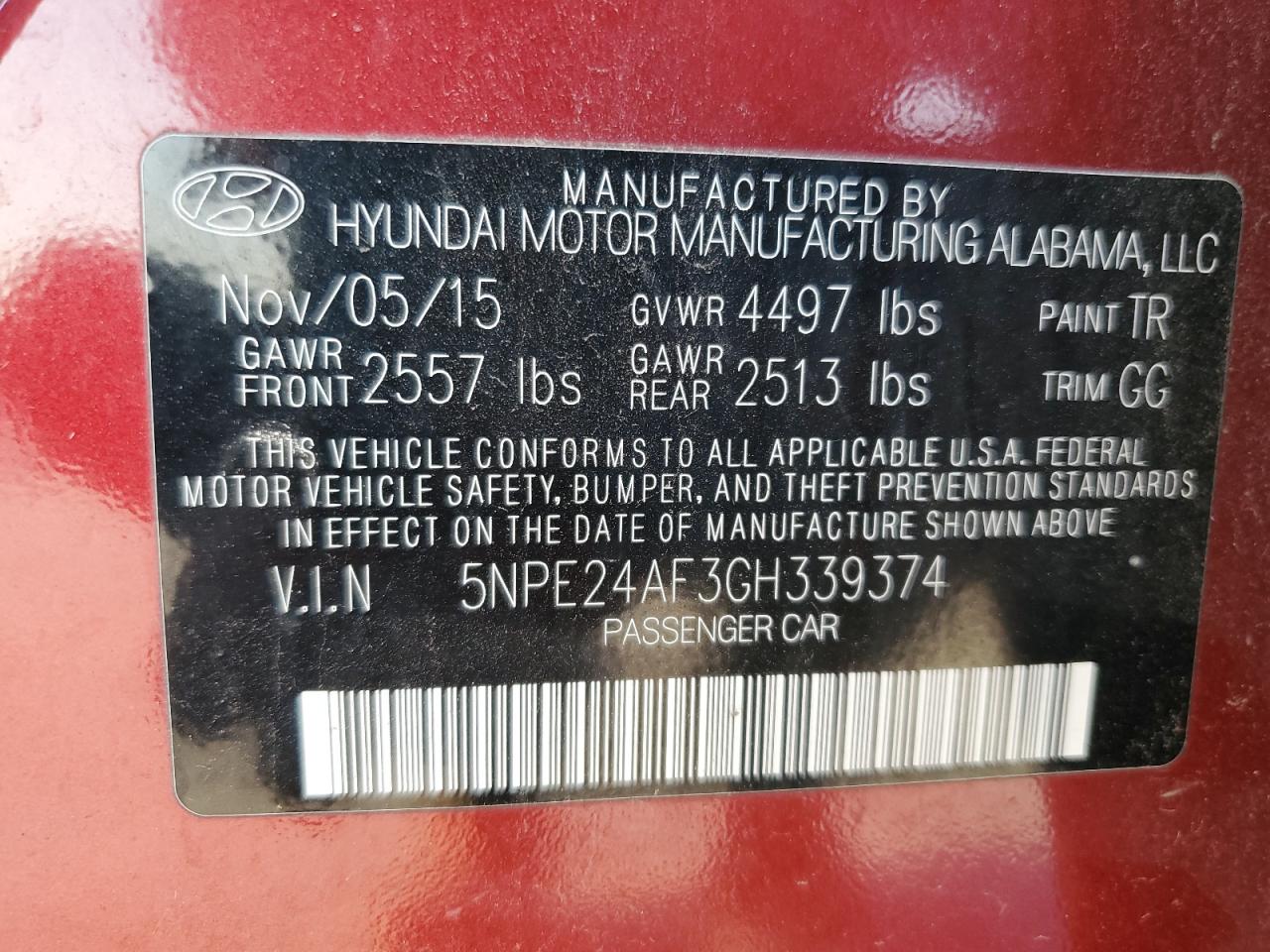 5NPE24AF3GH339374 2016 Hyundai Sonata Se