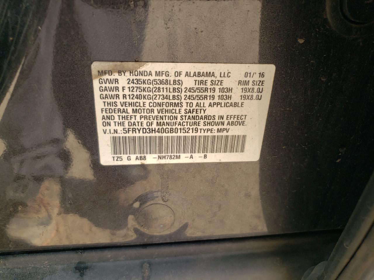 VIN 5FRYD3H40GB015219 2016 ACURA MDX no.12