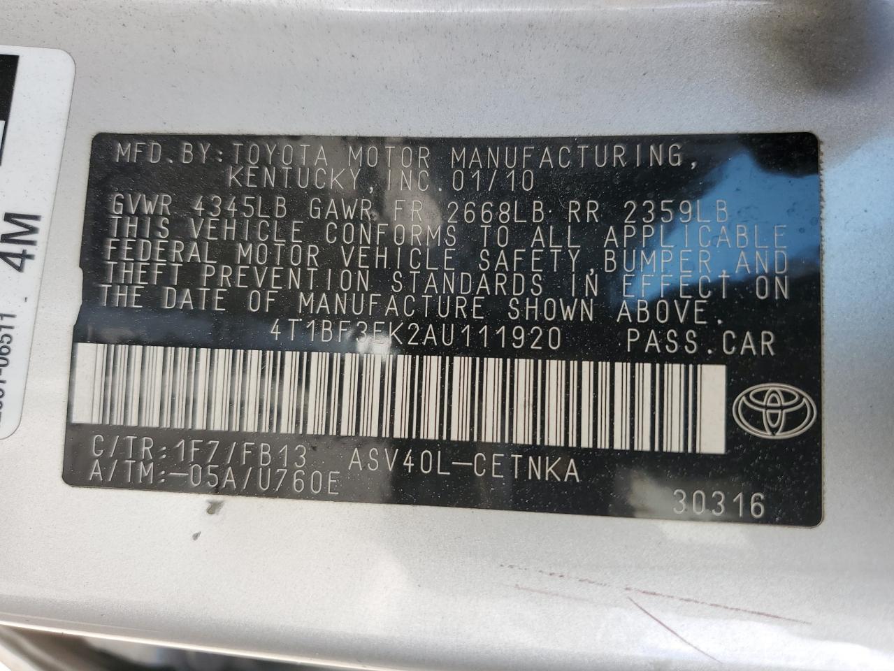 4T1BF3EK2AU111920 2010 Toyota Camry Base