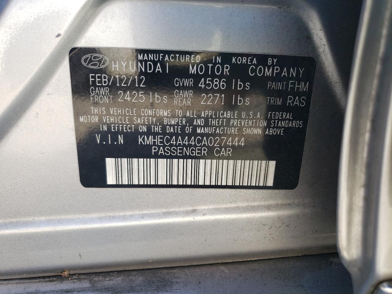 2012 Hyundai Sonata Hybrid VIN: KMHEC4A44CA027444 Lot: 77197734