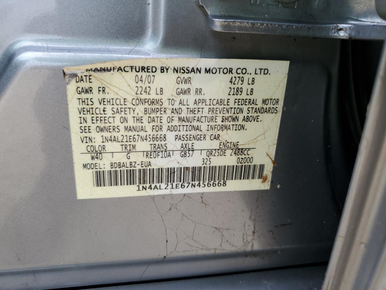 2007 Nissan Altima 2.5 VIN: 1N4AL21E67N456668 Lot: 74531474