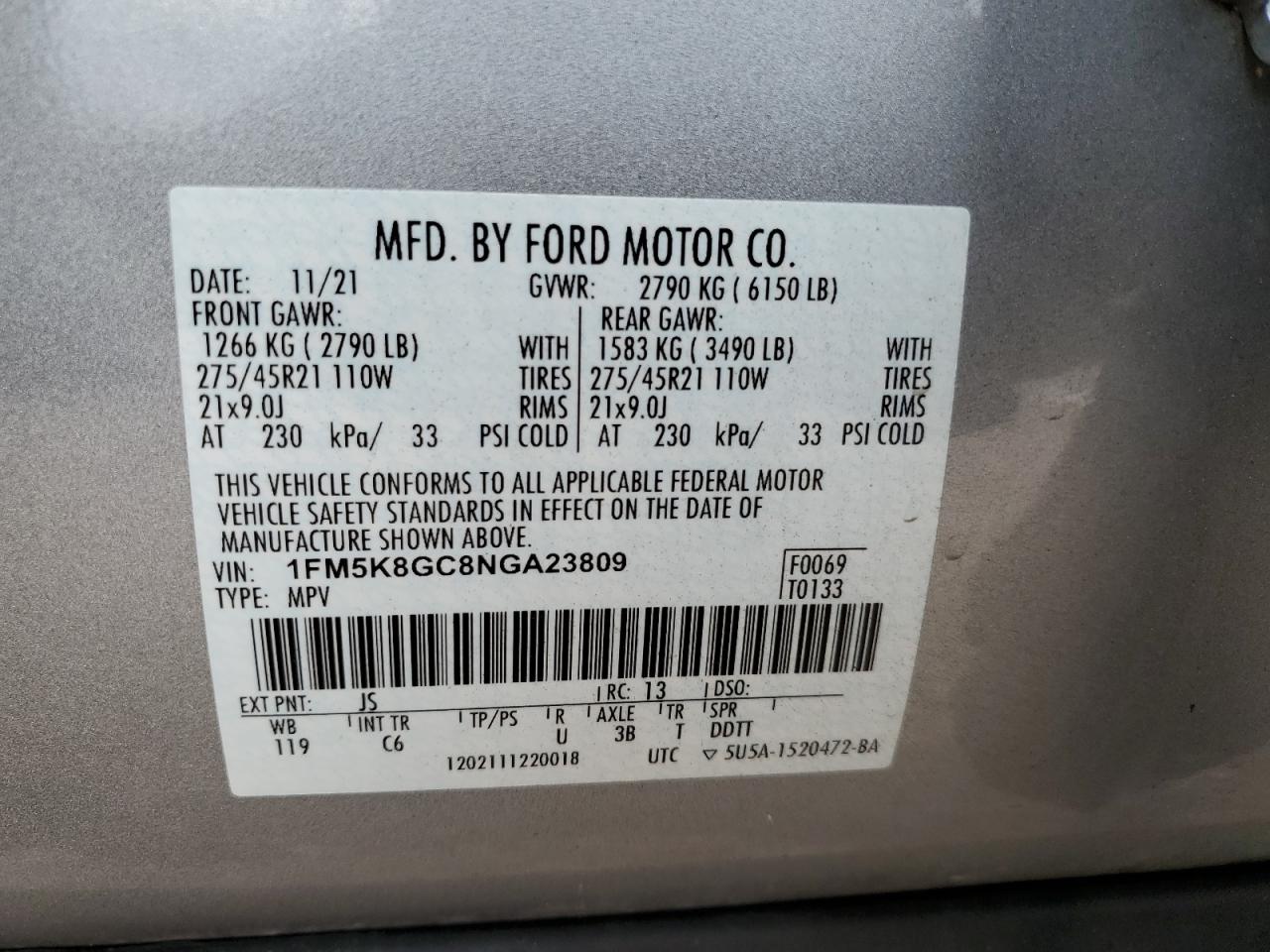 2022 Ford Explorer St VIN: 1FM5K8GC8NGA23809 Lot: 74007784