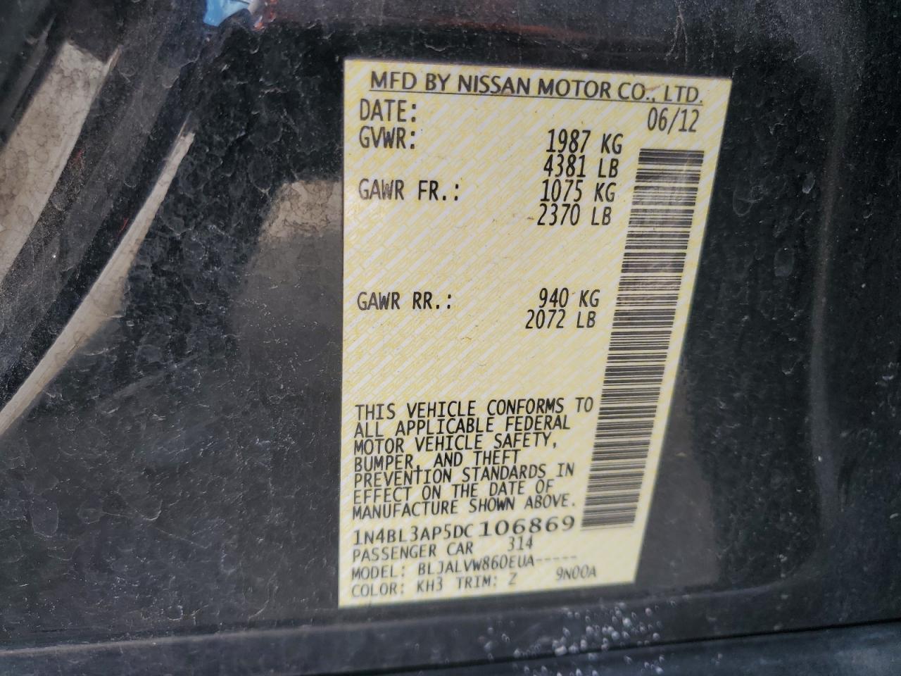 1N4BL3AP5DC106869 2013 Nissan Altima 3.5S