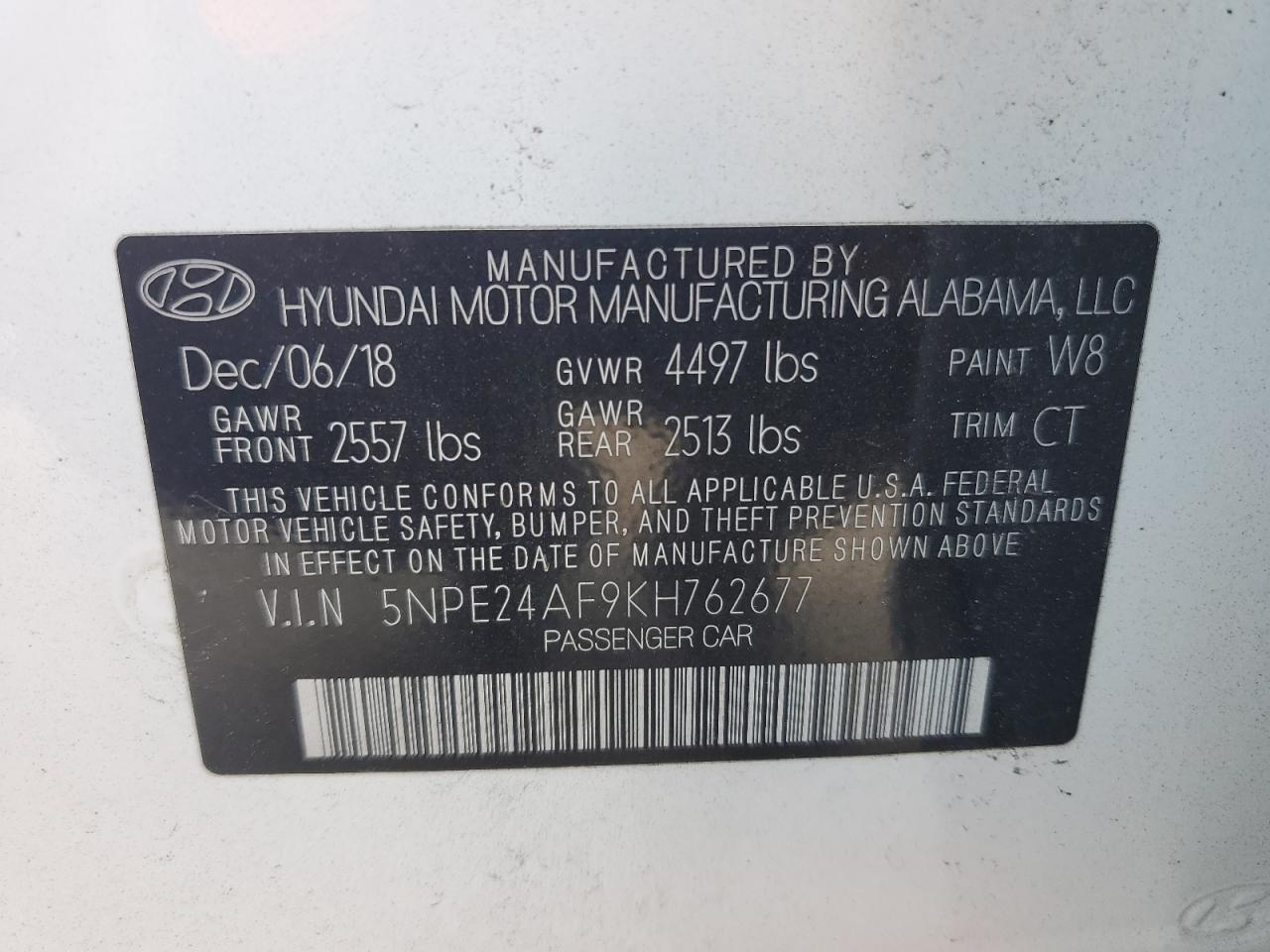 2019 Hyundai Sonata Se VIN: 5NPE24AF9KH762677 Lot: 78449154