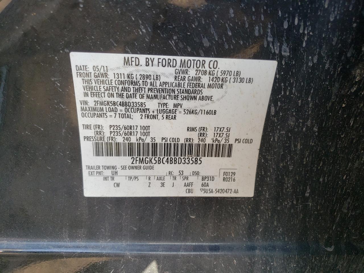 2011 Ford Flex Se VIN: 2FMGK5BC4BBD33585 Lot: 93968075