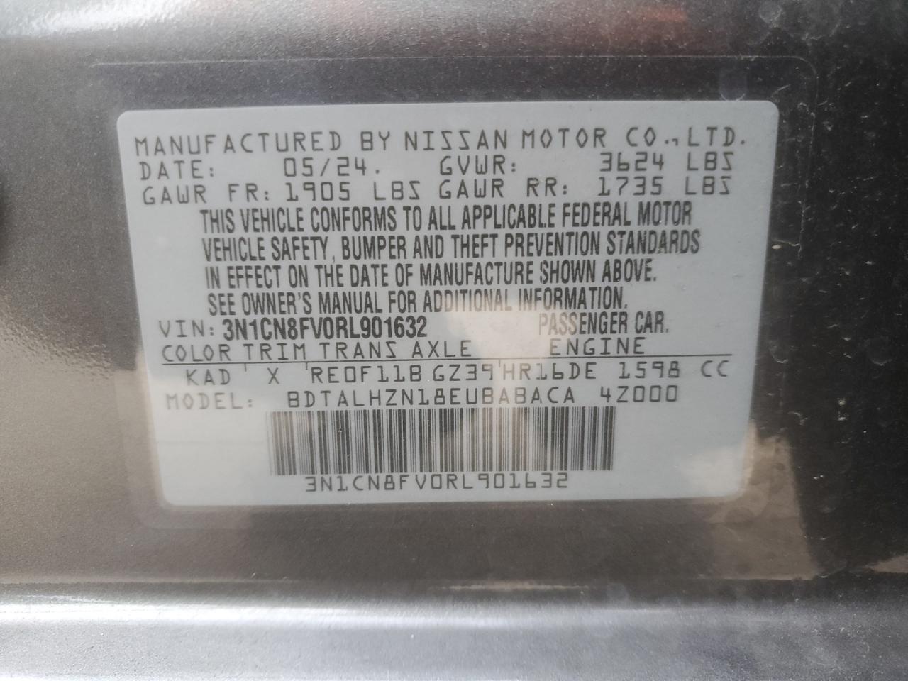 2024 Nissan Versa Sr VIN: 3N1CN8FV0RL901632 Lot: 74418314