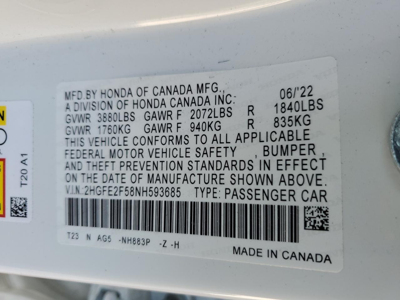 2HGFE2F58NH593685 2022 Honda Civic Sport 2HGFE2F58NH593685 2022 Honda Civic Sport