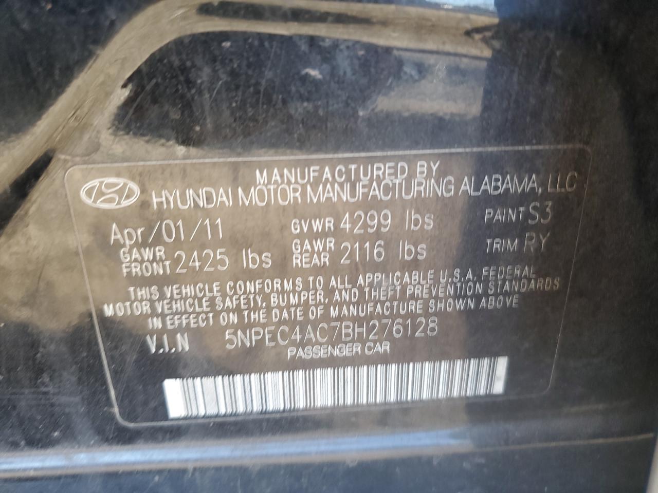 5NPEC4AC7BH276128 2011 Hyundai Sonata Se