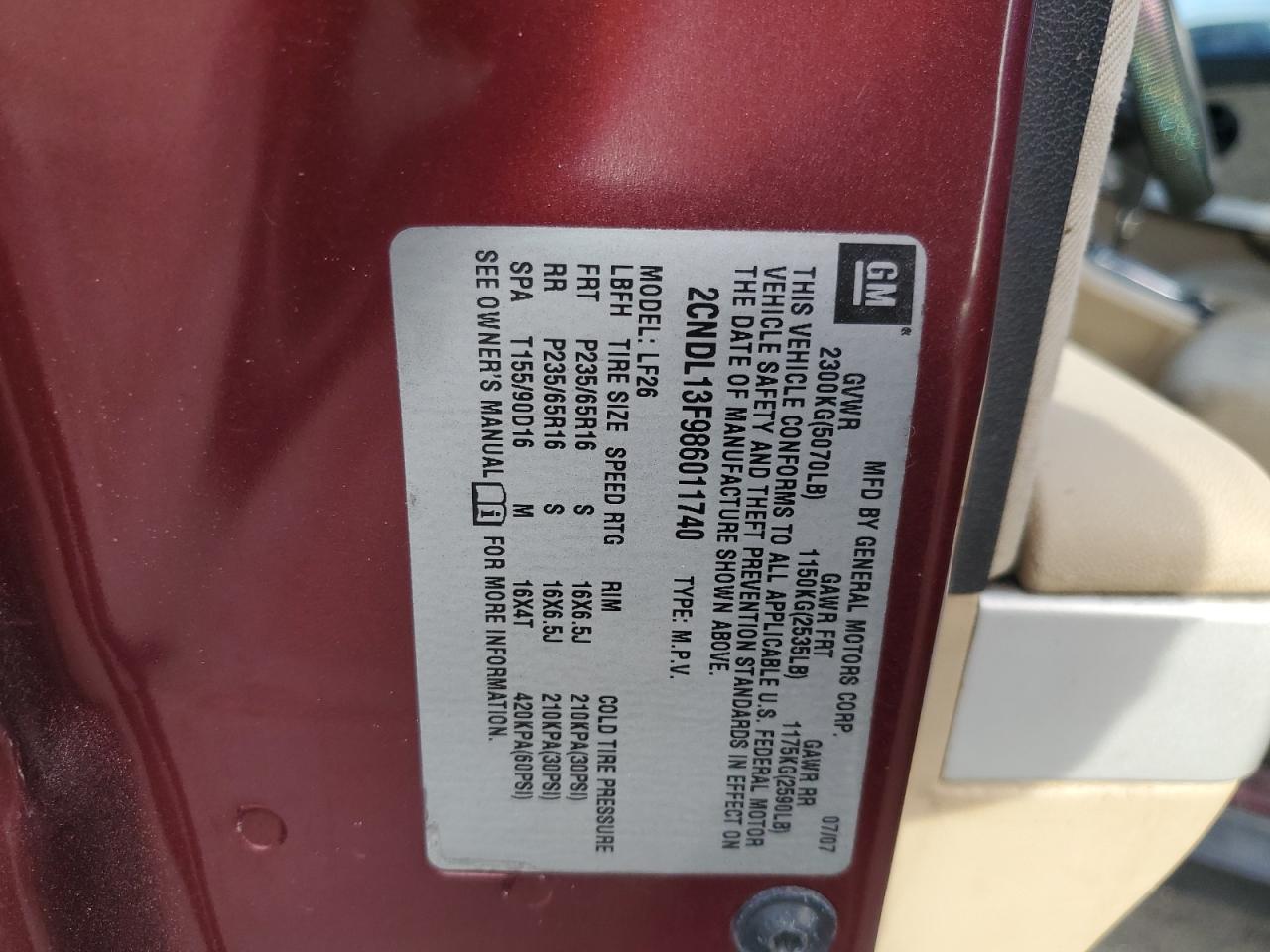 2008 Chevrolet Equinox Ls VIN: 2CNDL13F986011740 Lot: 77092224