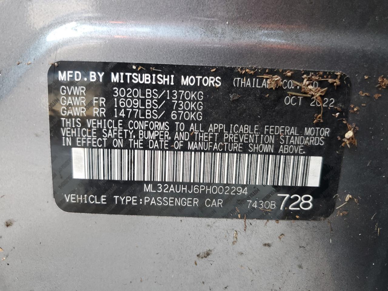 2023 Mitsubishi Mirage Es VIN: ML32AUHJ6PH002294 Lot: 73880314