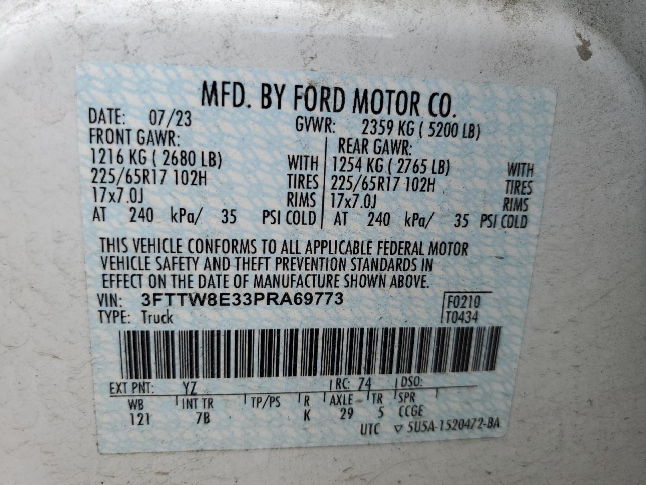 3FTTW8E33PRA69773 2023 Ford Maverick Xl