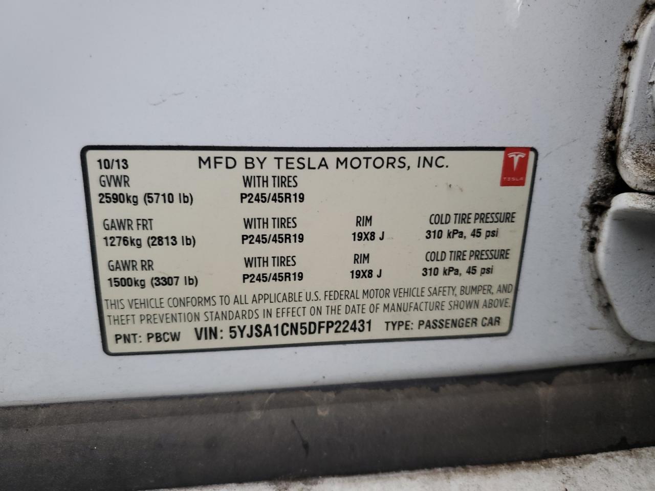 2013 Tesla Model S VIN: 5YJSA1CN5DFP22431 Lot: 78496974