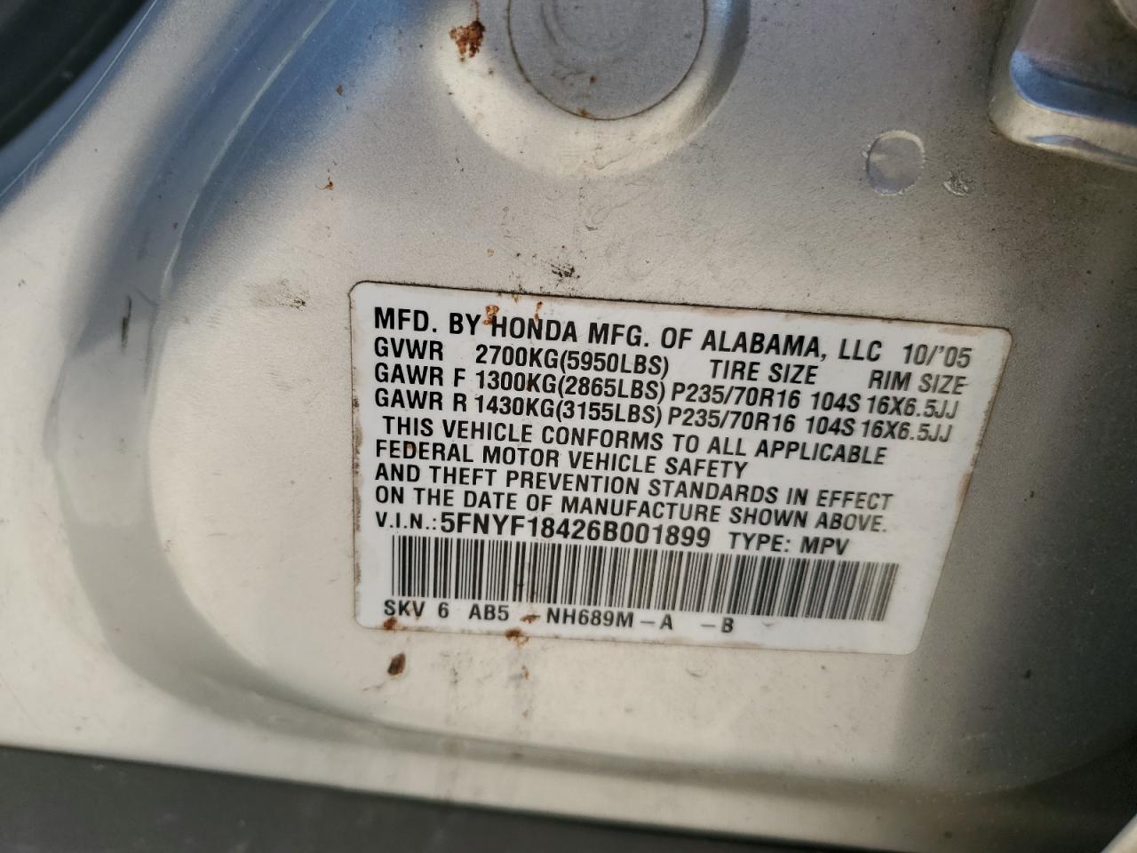 2006 Honda Pilot Ex VIN: 5FNYF18426B001899 Lot: 74976694