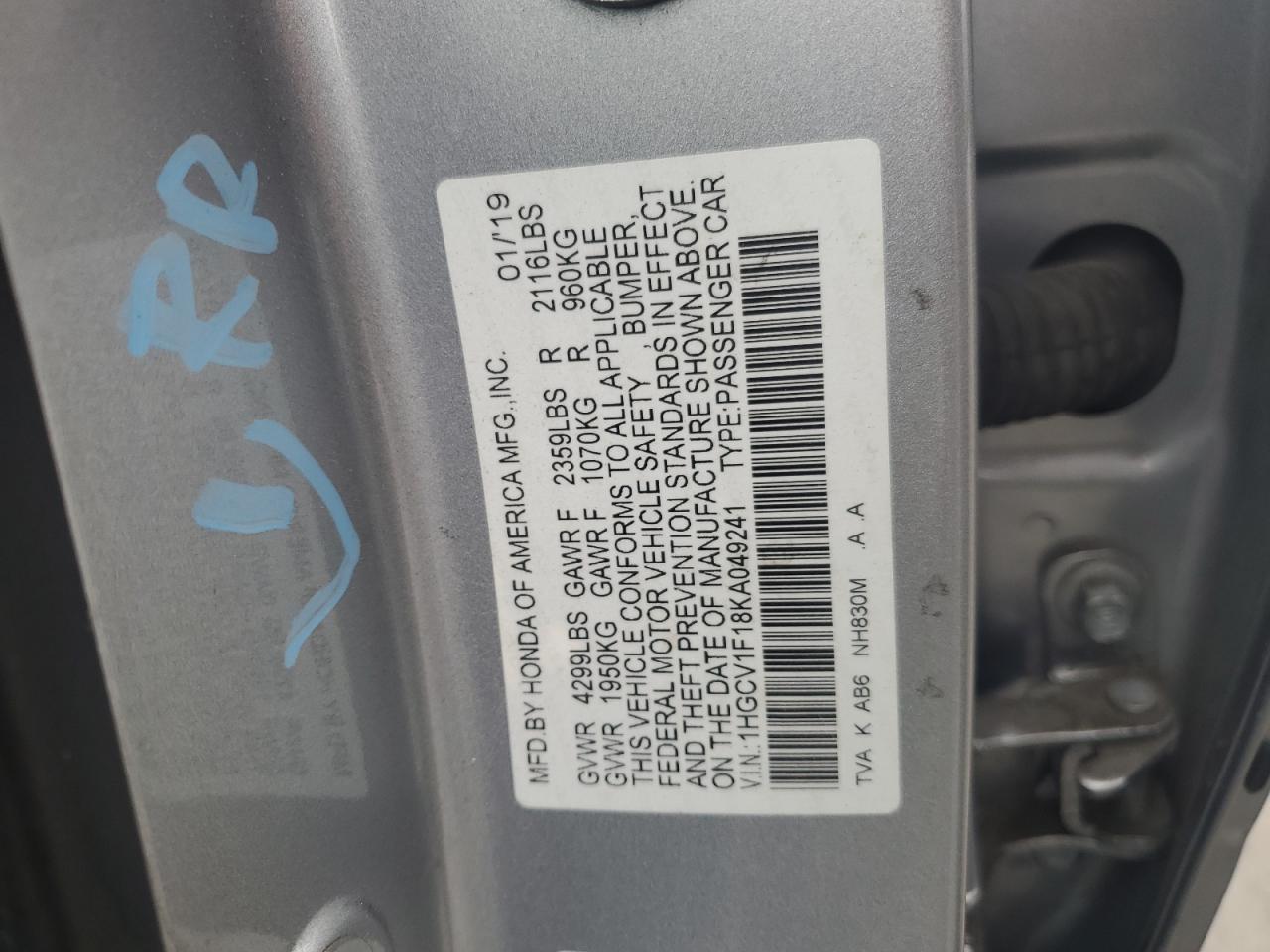 VIN 1HGCV1F18KA049241 2019 HONDA ACCORD no.13