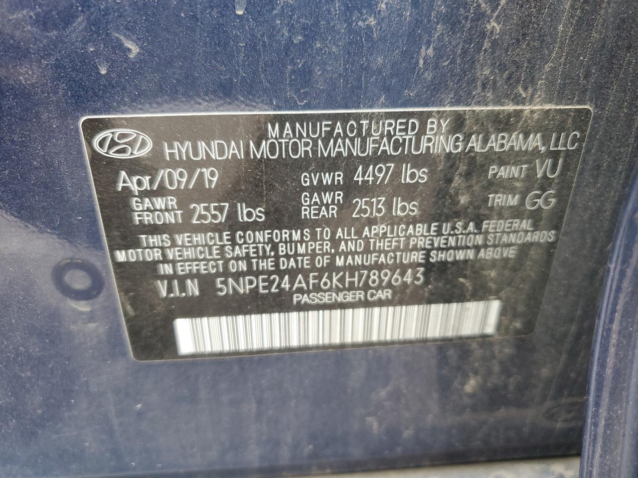 2019 Hyundai Sonata Se VIN: 5NPE24AF6KH789643 Lot: 78661664