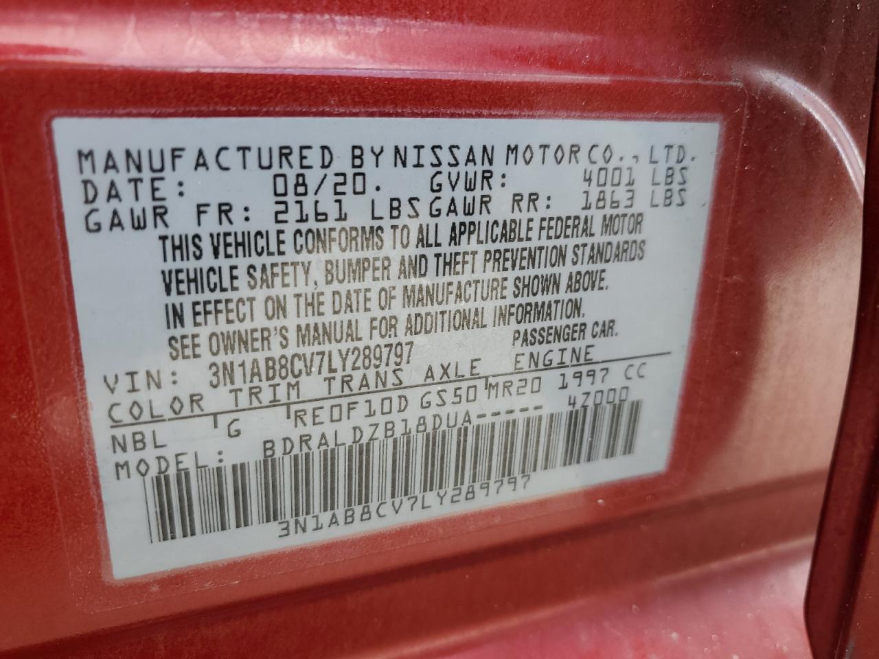 3N1AB8CV7LY289797 2020 Nissan Sentra Sv