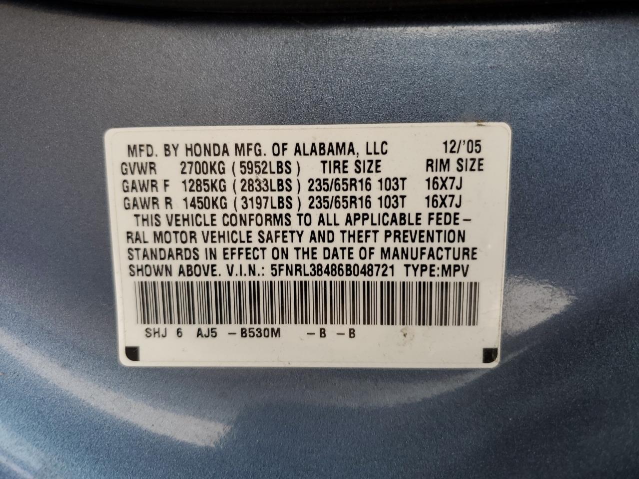 5FNRL38486B048721 2006 Honda Odyssey Ex