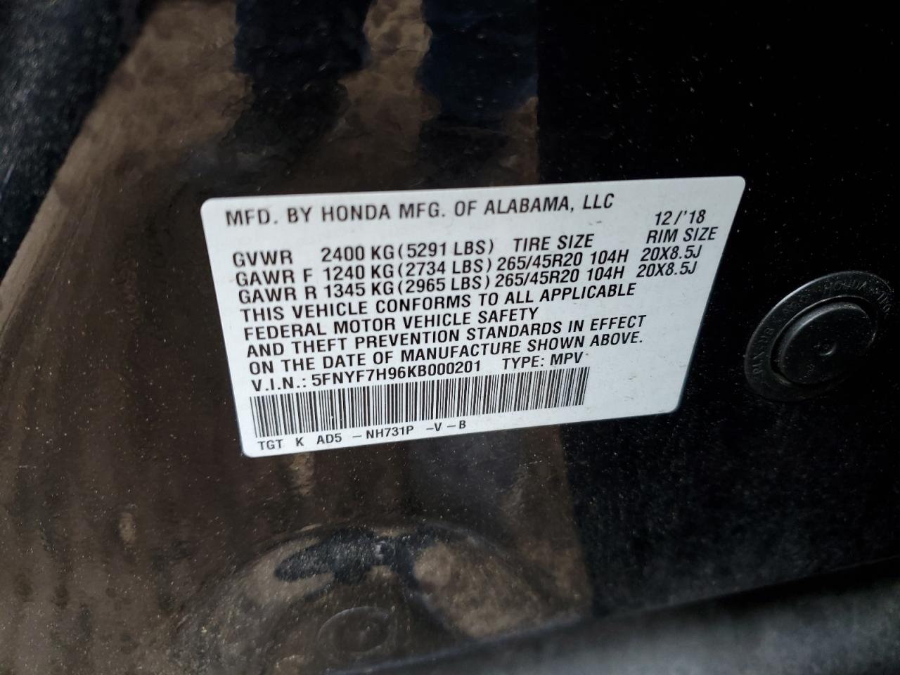 5FNYF7H96KB000201 2019 Honda Passport Touring