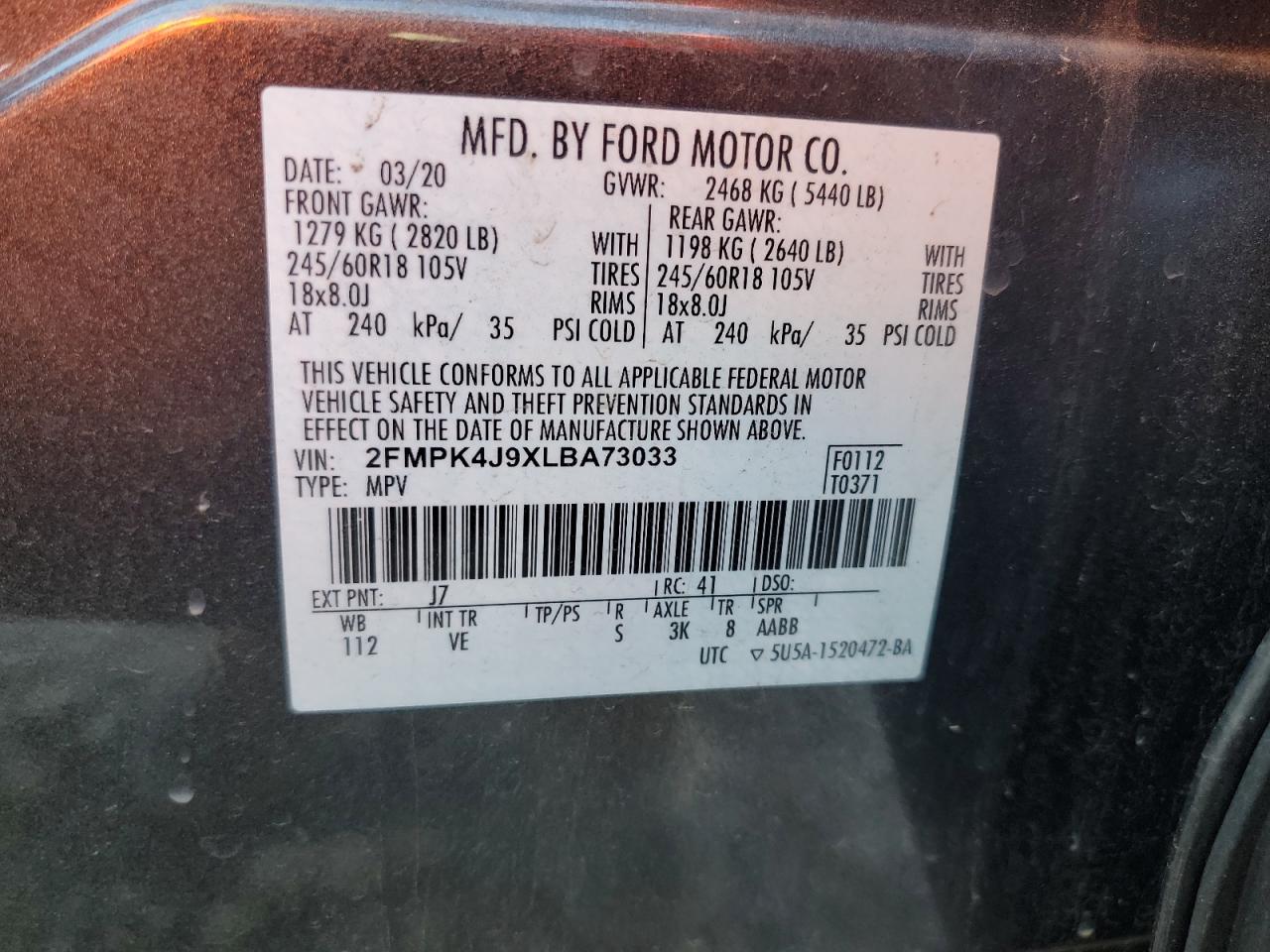 2FMPK4J9XLBA73033 2020 Ford Edge Sel