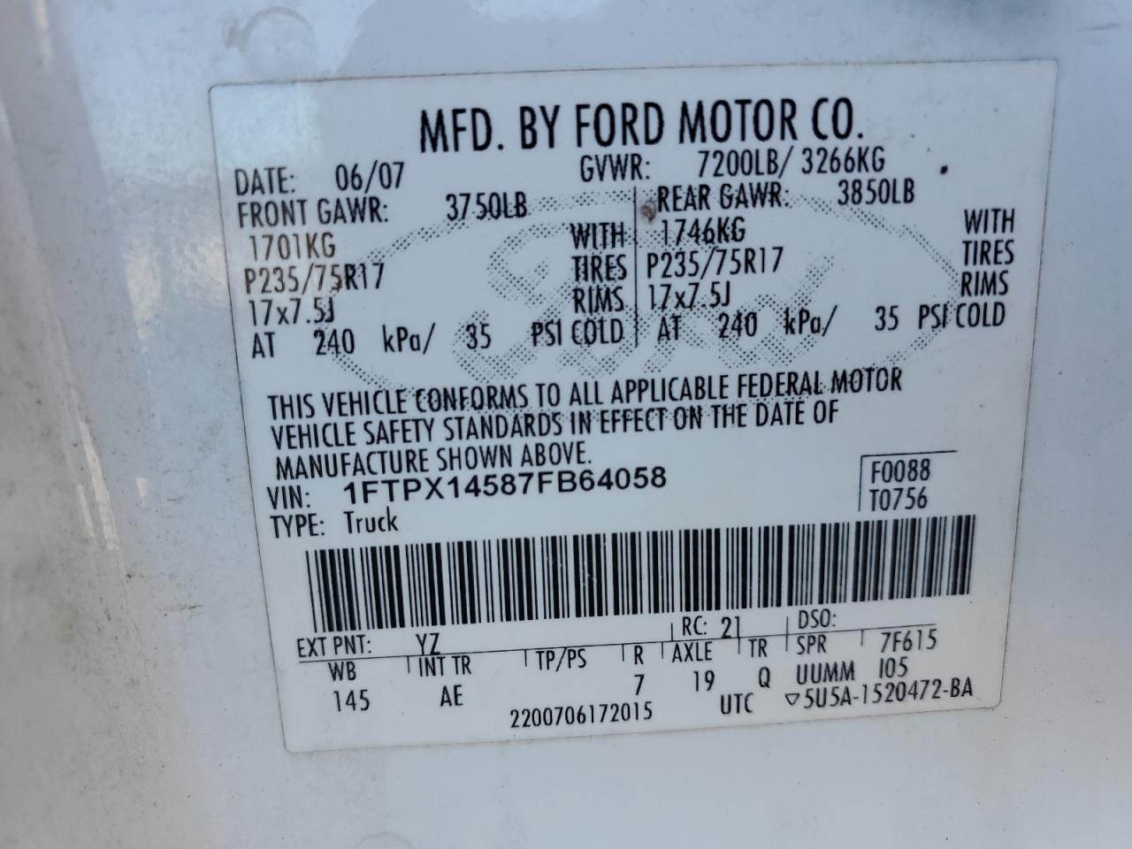 1FTPX14587FB64058 2007 Ford F150