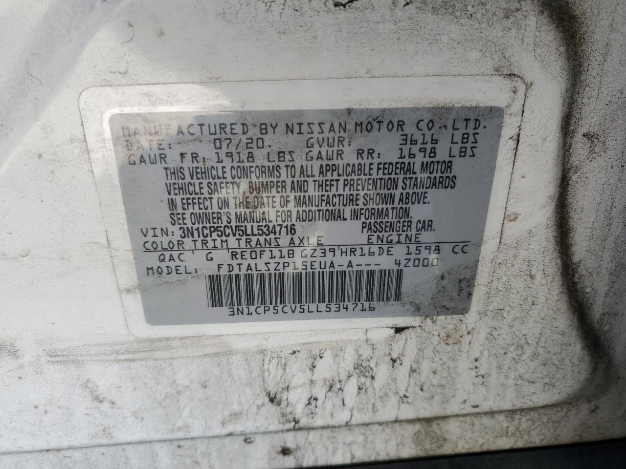 2020 Nissan Kicks Sv VIN: 3N1CP5CV5LL534716 Lot: 75598554