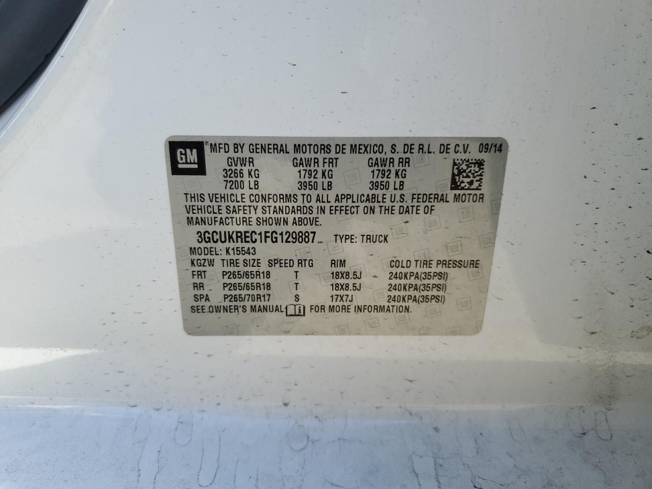 2015 Chevrolet Silverado K1500 Lt VIN: 3GCUKREC1FG129887 Lot: 76623834