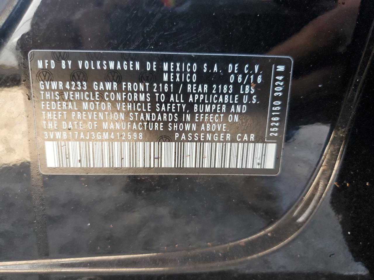 2016 Volkswagen Jetta Sport VIN: 3VWB17AJ3GM412598 Lot: 77449624