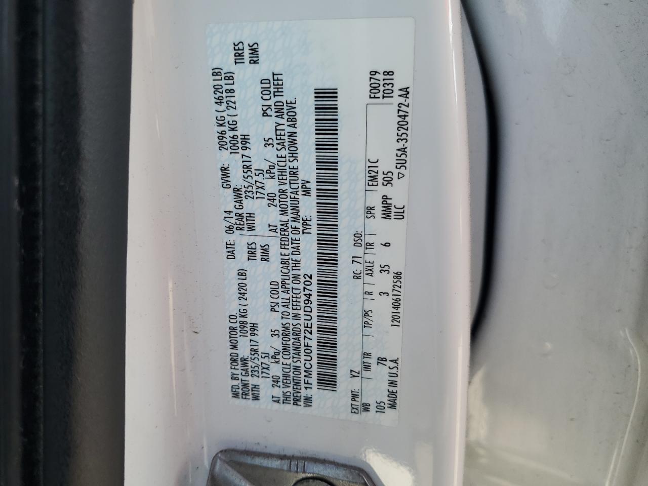 1FMCU0F72EUD94702 2014 Ford Escape S