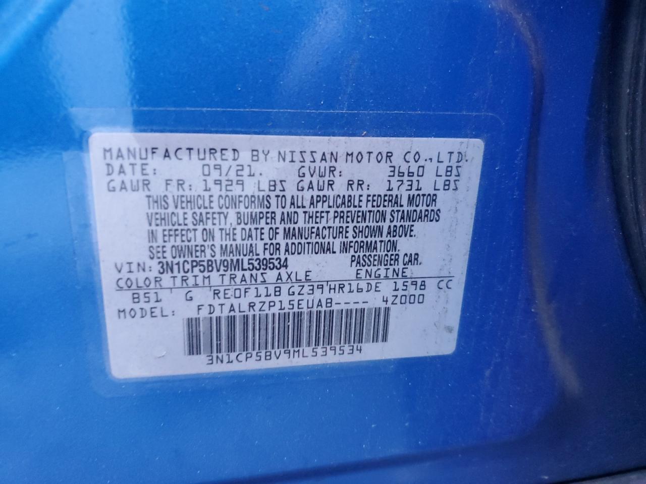 2021 Nissan Kicks S VIN: 3N1CP5BV9ML539534 Lot: 77749894