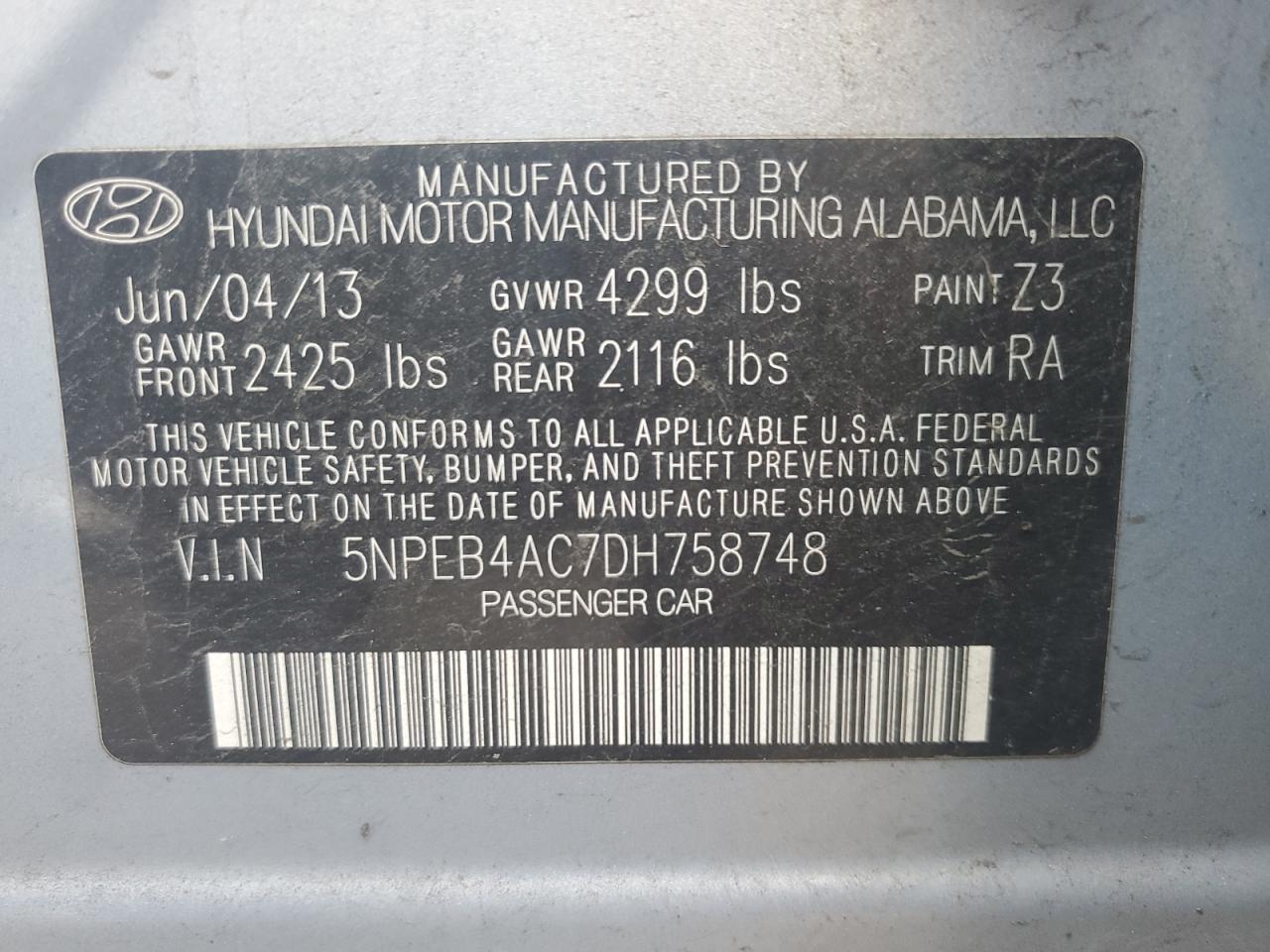 5NPEB4AC7DH758748 2013 Hyundai Sonata Gls