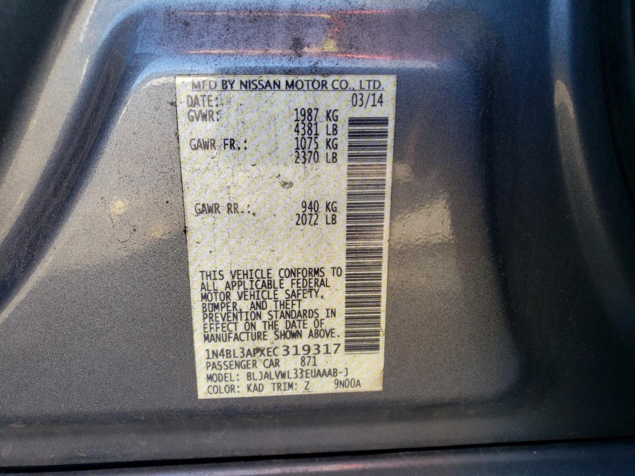 1N4BL3APXEC319317 2014 Nissan Altima 3.5S