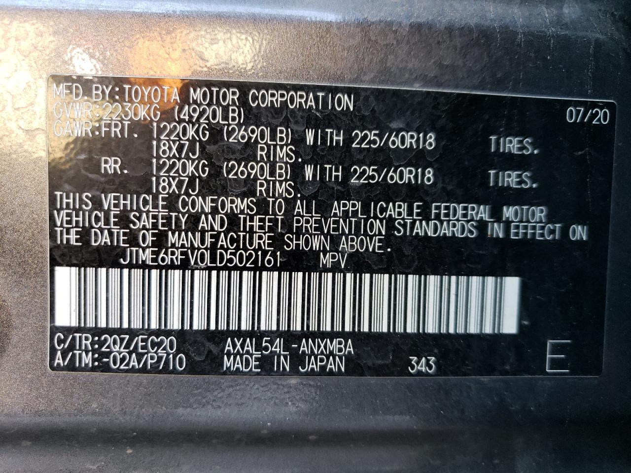 JTME6RFV0LD502161 2020 Toyota Rav4 Xse