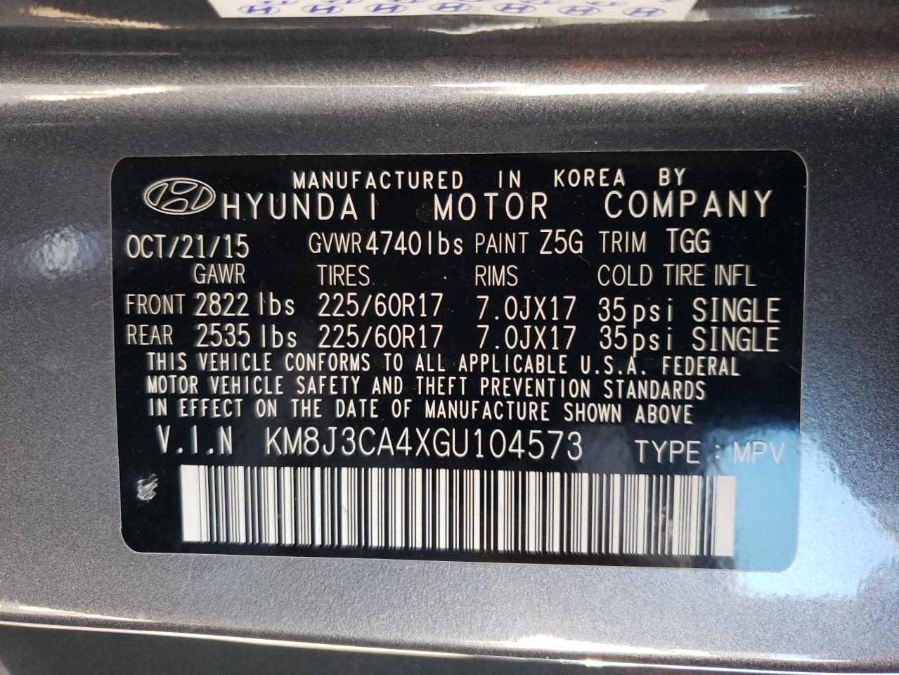 KM8J3CA4XGU104573 2016 Hyundai Tucson Limited