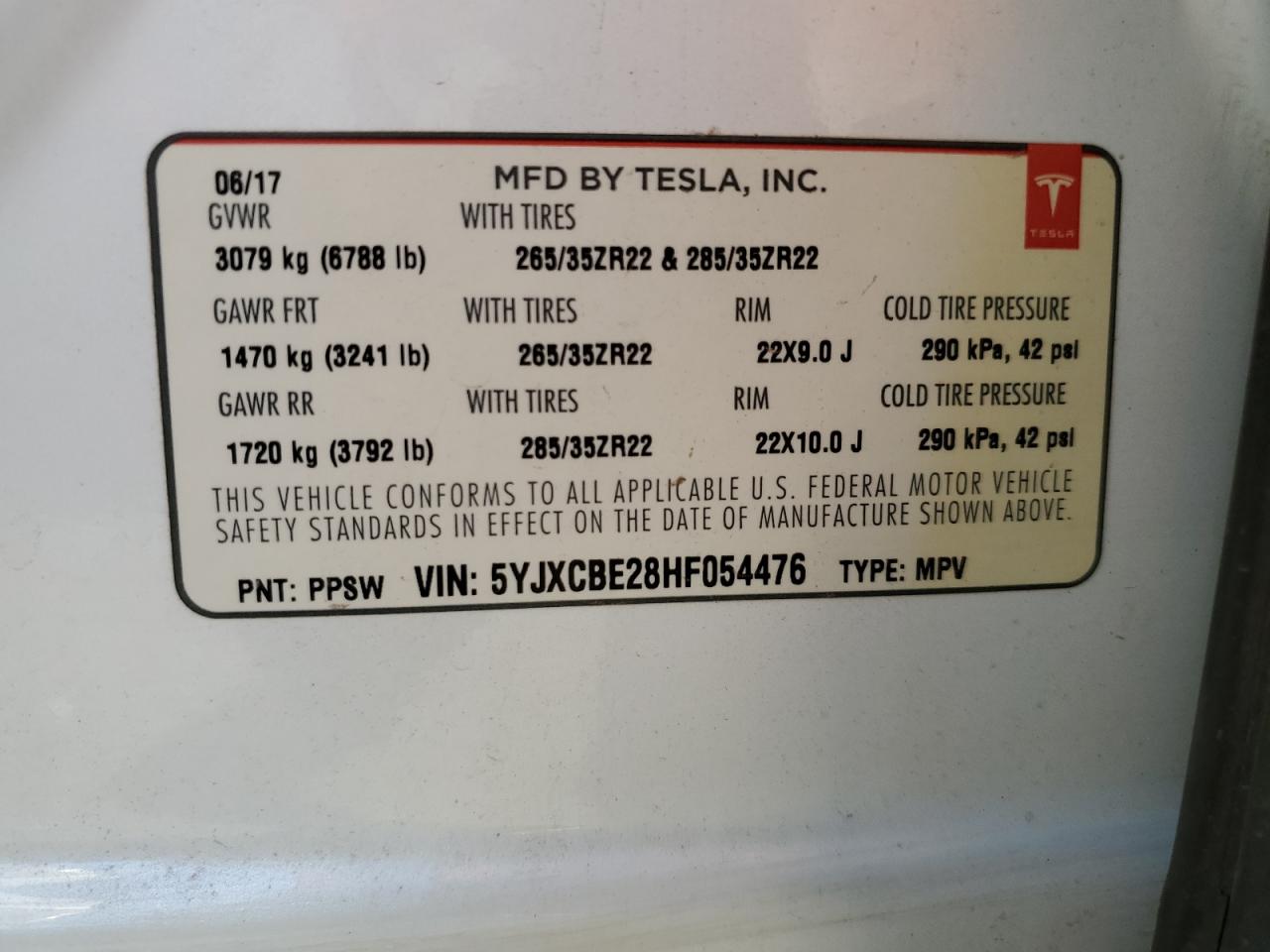 5YJXCBE28HF054476 2017 Tesla Model X