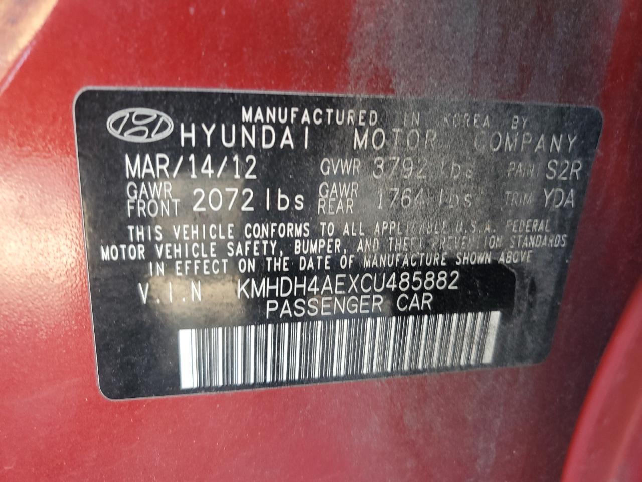 2012 Hyundai Elantra Gls VIN: KMHDH4AEXCU485882 Lot: 75001094