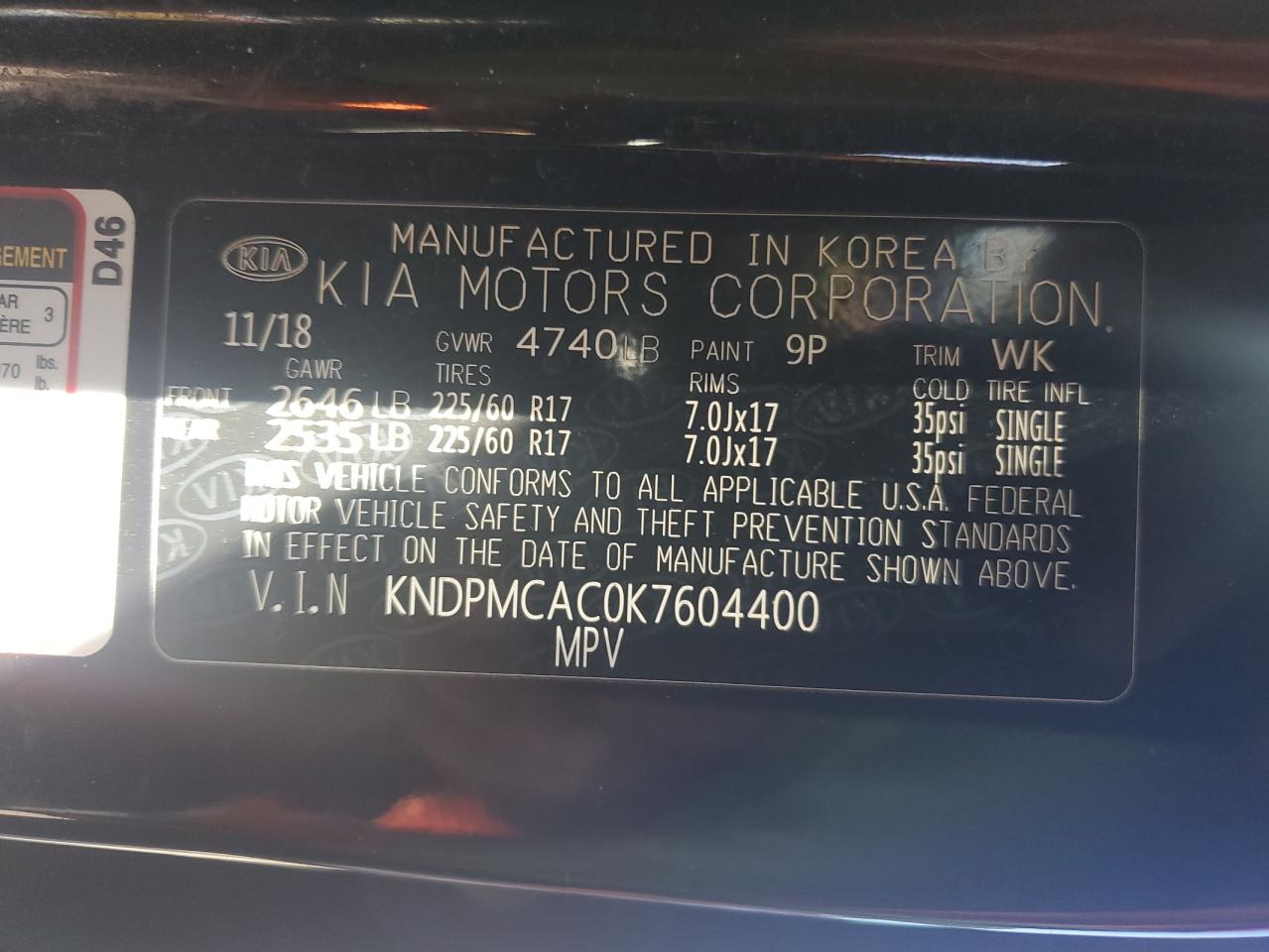 KNDPMCAC0K7604400 2019 Kia Sportage Lx