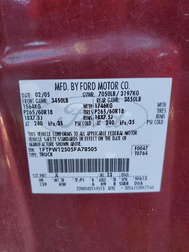 1FTPW12505FA78505 2005 Ford F150 Supercrew