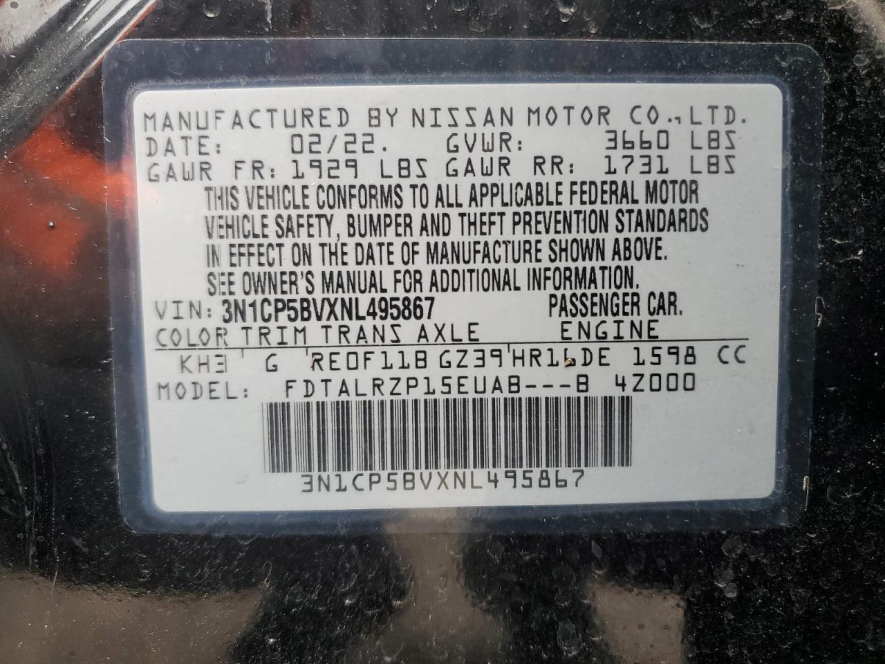 2022 Nissan Kicks S VIN: 3N1CP5BVXNL495867 Lot: 74029494