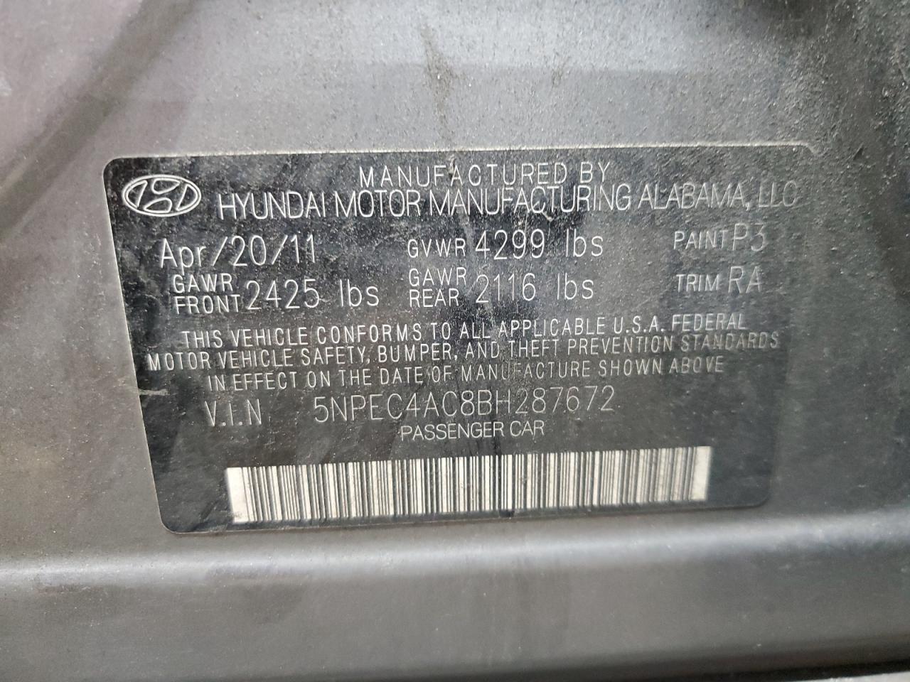 5NPEC4AC8BH287672 2011 Hyundai Sonata Se